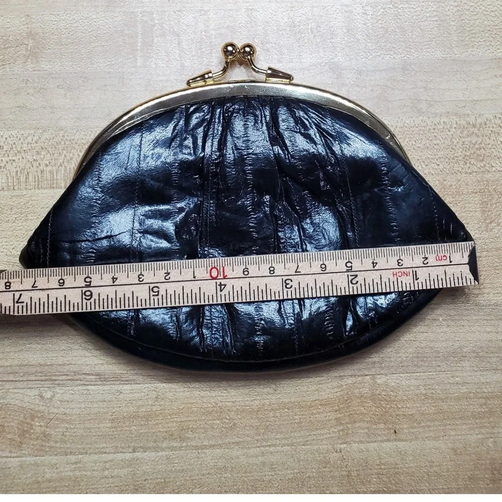 Lee Sands Vintage Black Eel Skin Kiss Lock Coin Purse Small Clutch Wallet